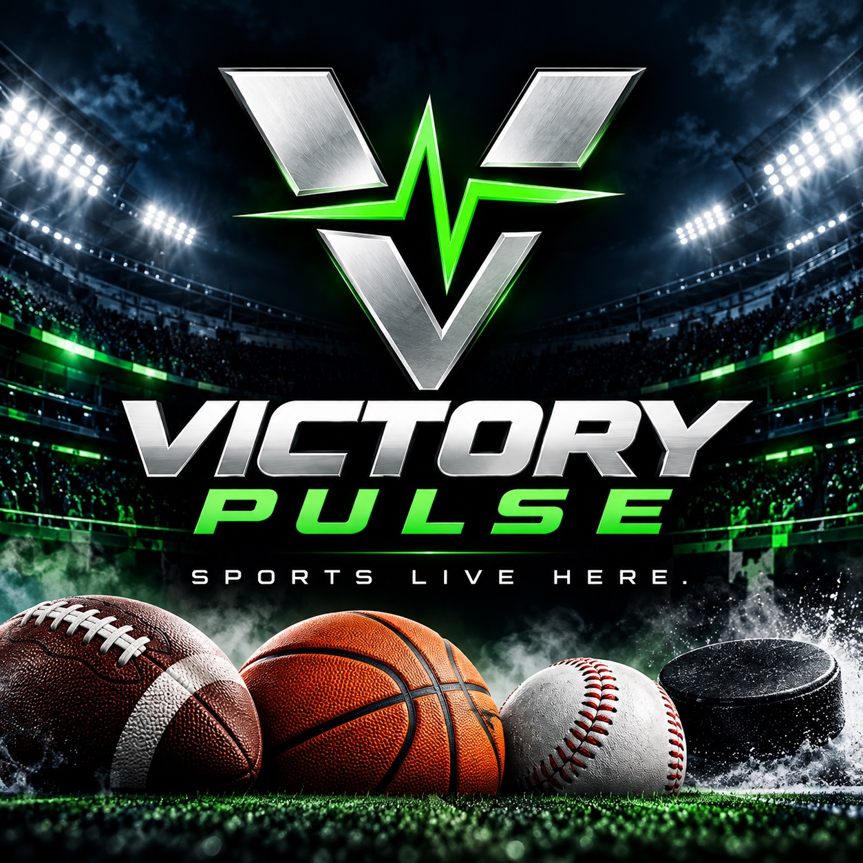 Victory Pulse metallic logo with football, basketball, baseball and hockey